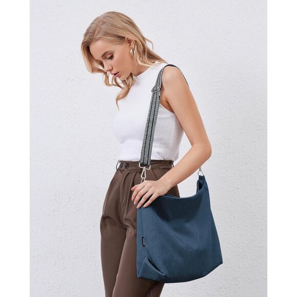 Women’s Blue Corduroy Tote Shoulder Bag with Adjustment Straps And Zipper - Picture 2 of 7